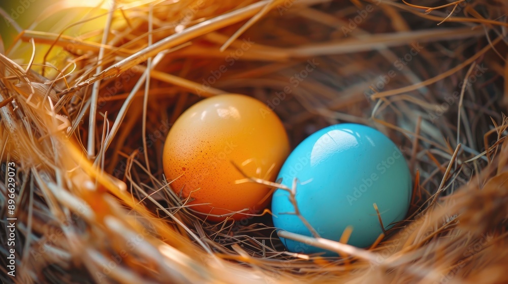 Easter themed close up of two new chicken eggs in nest Easter themed close up of two new chicken eggs in nest