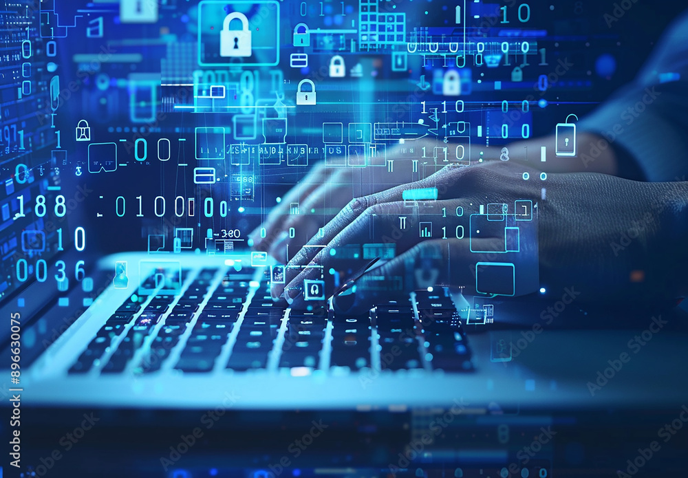 Hands Typing on Laptop with Futuristic Digital Interface and Cybersecurity Icons Hands Typing on Laptop with Futuristic Digital Interface and Cybersecurity Icons