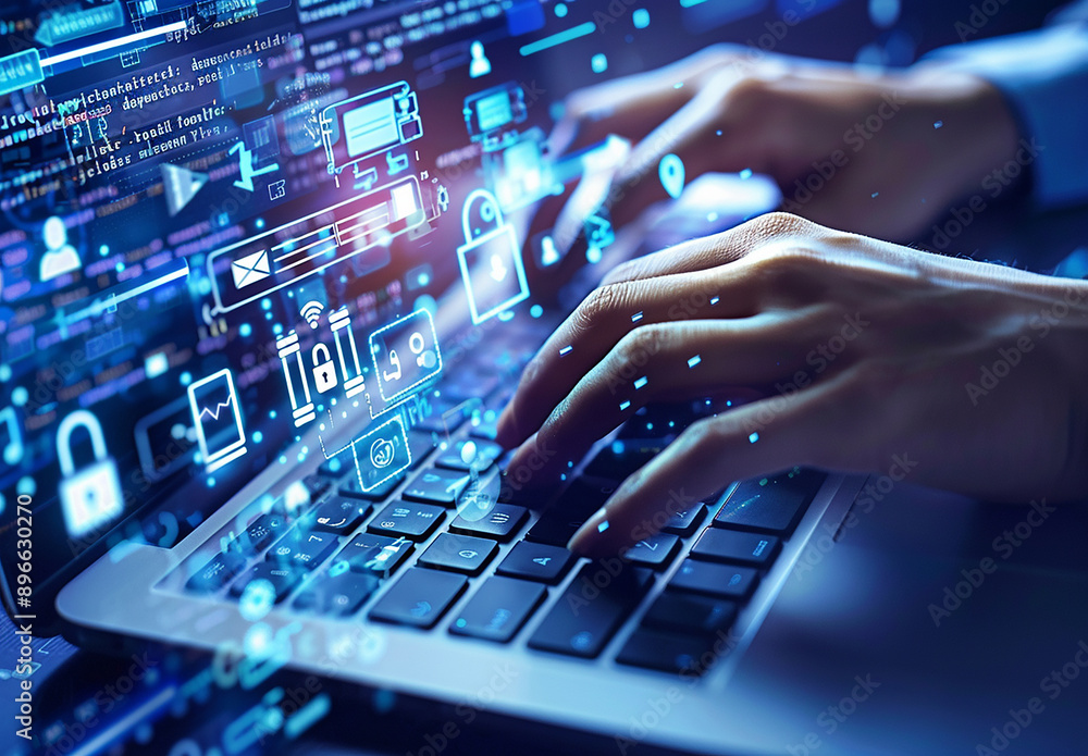 Hands Typing on Laptop with Futuristic Digital Interface and Cybersecurity Icons Hands Typing on Laptop with Futuristic Digital Interface and Cybersecurity Icons