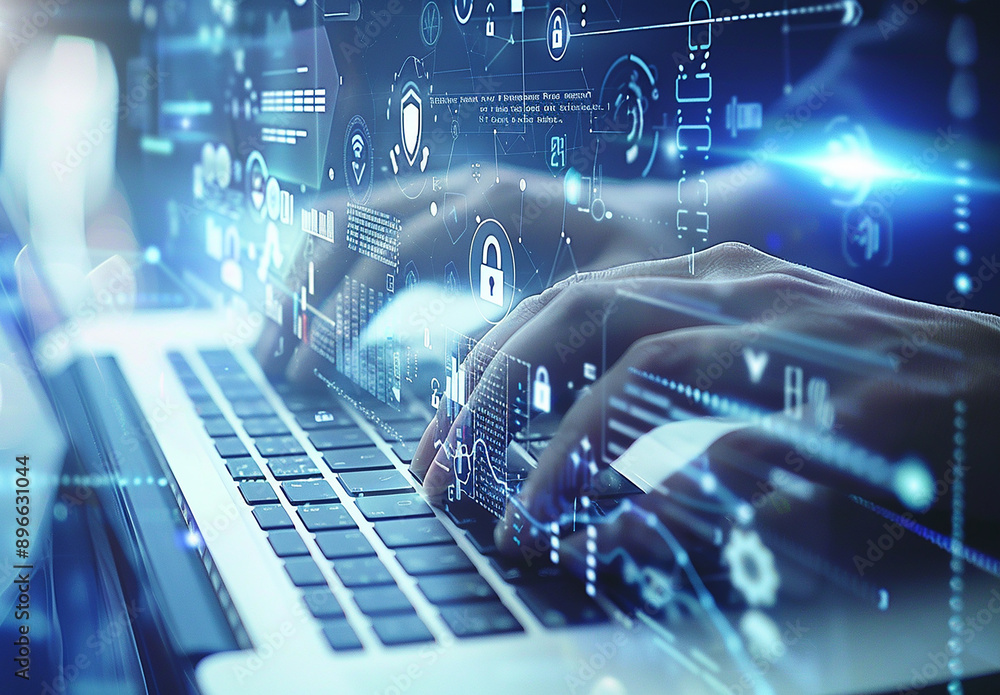 Hands Typing on Laptop with Futuristic Digital Interface and Cybersecurity Icons Hands Typing on Laptop with Futuristic Digital Interface and Cybersecurity Icons