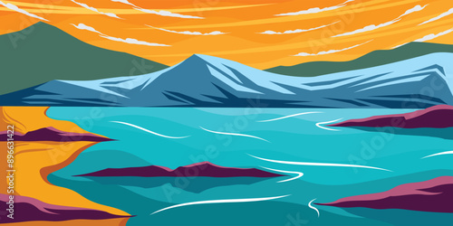 Sunset Nature Lake and Mountains Landscape Outdoor Illustration Vector