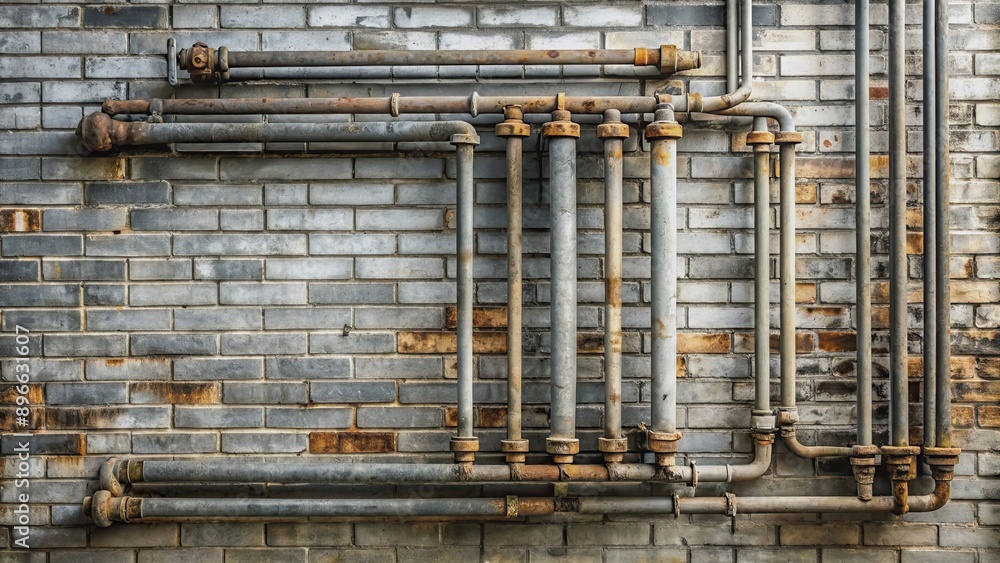Background of a gray brick wall covered in mold with old heating pipes, mold, gray, brick wall, background, pipes Background of a gray brick wall covered in mold with old heating pipes, mold, gray, brick wall, background, pipes