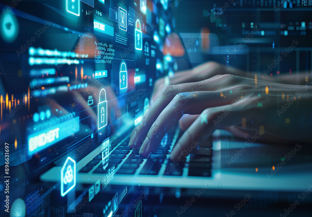 Hands Typing on Laptop with Futuristic Digital Interface and Cybersecurity Icons Hands Typing on Laptop with Futuristic Digital Interface and Cybersecurity Icons