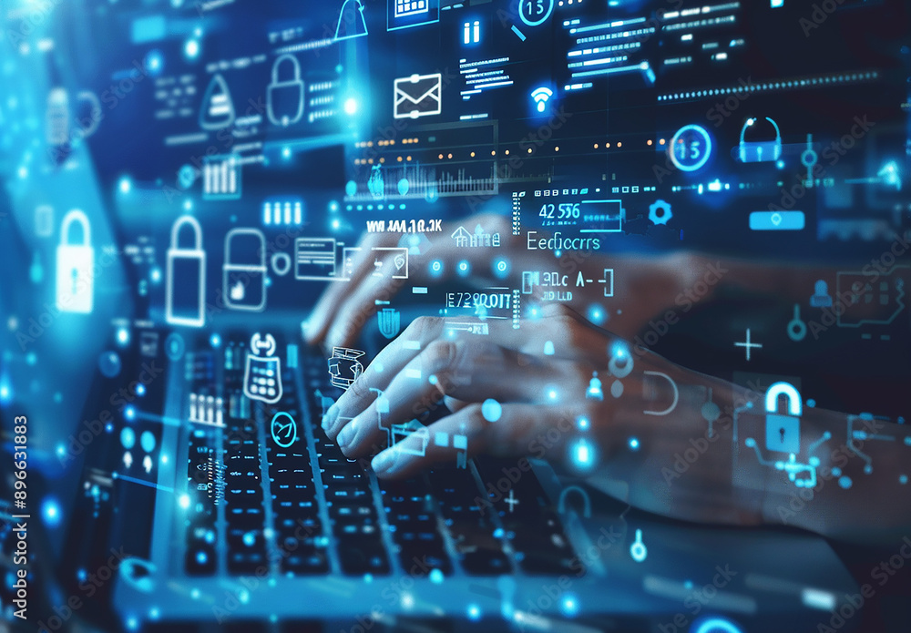 Hands Typing on Laptop with Futuristic Digital Interface and Cybersecurity Icons Hands Typing on Laptop with Futuristic Digital Interface and Cybersecurity Icons