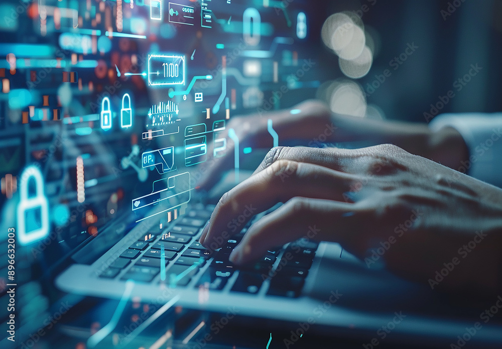 Hands Typing on Laptop with Futuristic Digital Interface and Cybersecurity Icons Hands Typing on Laptop with Futuristic Digital Interface and Cybersecurity Icons