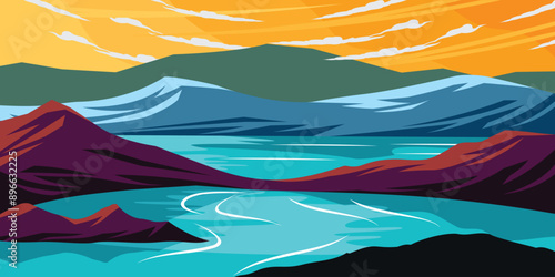 Sunset Nature Lake and Mountains Landscape Outdoor Illustration Vector