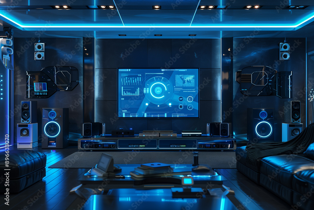 Futuristic living room with high technology home entertainment setup. interior design with neon lights. Smart home connected with an internet connection Futuristic living room with high technology home entertainment setup. interior design with neon lights. Smart home connected with an internet connection