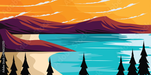 Sunset Nature Lake and Mountains Landscape Outdoor Illustration Vector