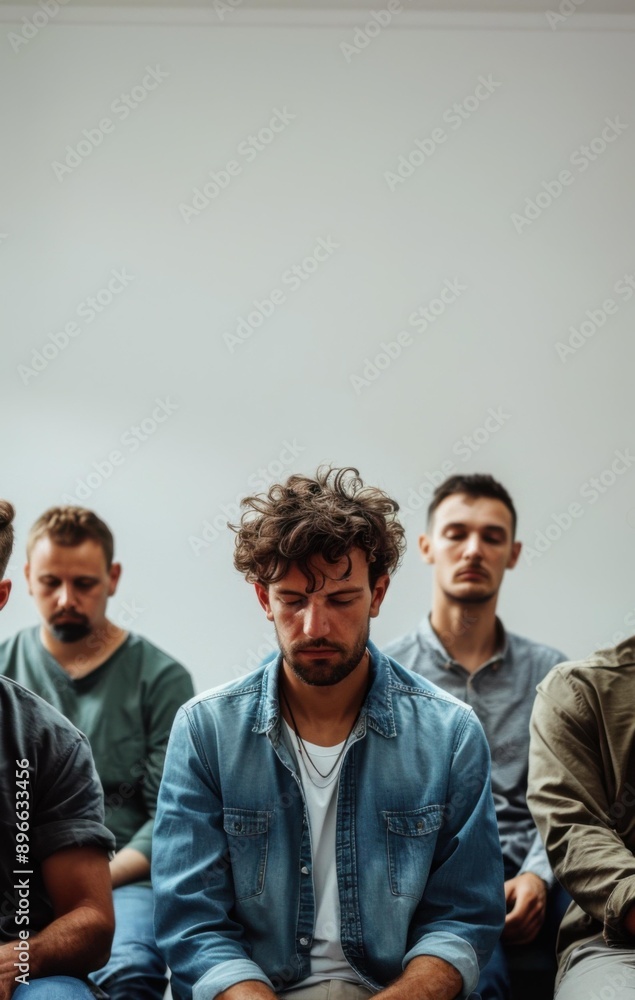 A group of men sit in a circle with their eyes closed. AI.