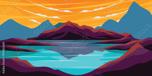 Sunset Nature Lake and Mountains Landscape Outdoor Illustration Vector