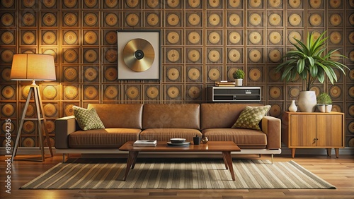 1970s living room with modern sofa, record player, and vintage wall art in muted lighting, retro, vintage, 1970s