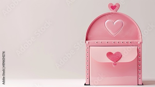 Valentine s Day themed pink mailbox with message hearts and note card on white background photo