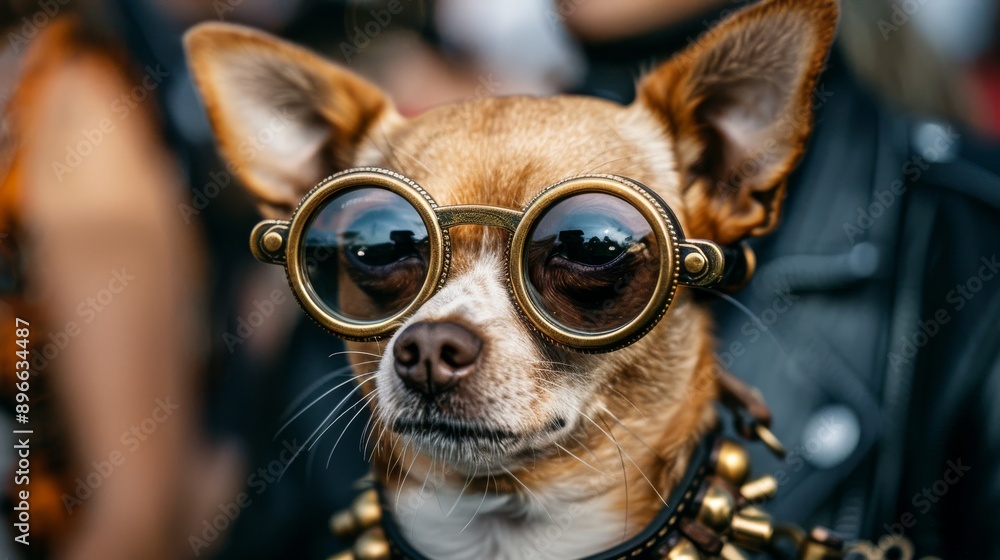 Steampunk Pup: A Tiny Trendsetter - A close-up of a chihuahua sporting steampunk goggles and collar, capturing the essence of canine cool. Steampunk Pup: A Tiny Trendsetter - A close-up of a chihuahua sporting steampunk goggles and collar, capturing the essence of canine cool.