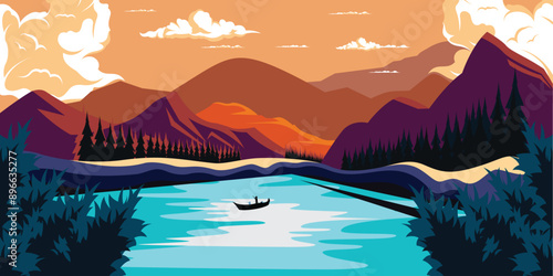 Sunset Nature Lake and Mountains Landscape Outdoor Illustration Vector