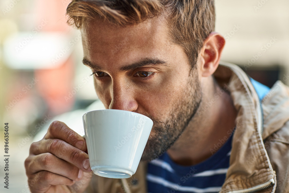 Cafe, man or customer with coffee for drinking, energy boost and health benefits with hot beverage. Male person, caffeine and espresso cup in restaurant for hospitality, experience and tea for taste Cafe, man or customer with coffee for drinking, energy boost and health benefits with hot beverage. Male person, caffeine and espresso cup in restaurant for hospitality, experience and tea for taste