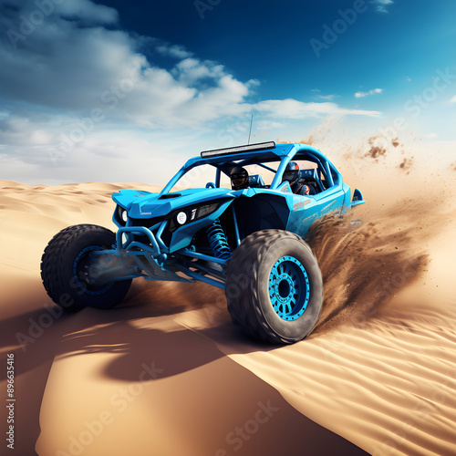 Power and Performance Unleashed: A Spectacular Display of an Electric Blue Dune Buggy Conquering the Desert photo