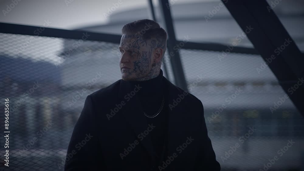 Man in urban setting at dusk, looking contemplative, surrounded by sleek architectural structures Man in urban setting at dusk, looking contemplative, surrounded by sleek architectural structures