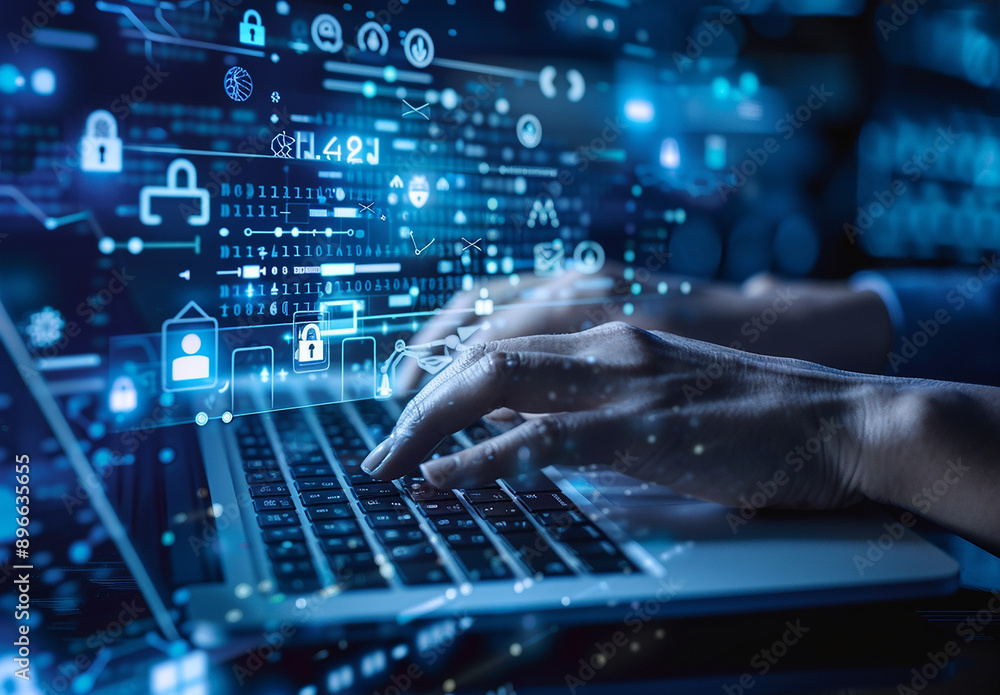 Hands Typing on Laptop with Futuristic Digital Interface and Cybersecurity Icons Hands Typing on Laptop with Futuristic Digital Interface and Cybersecurity Icons