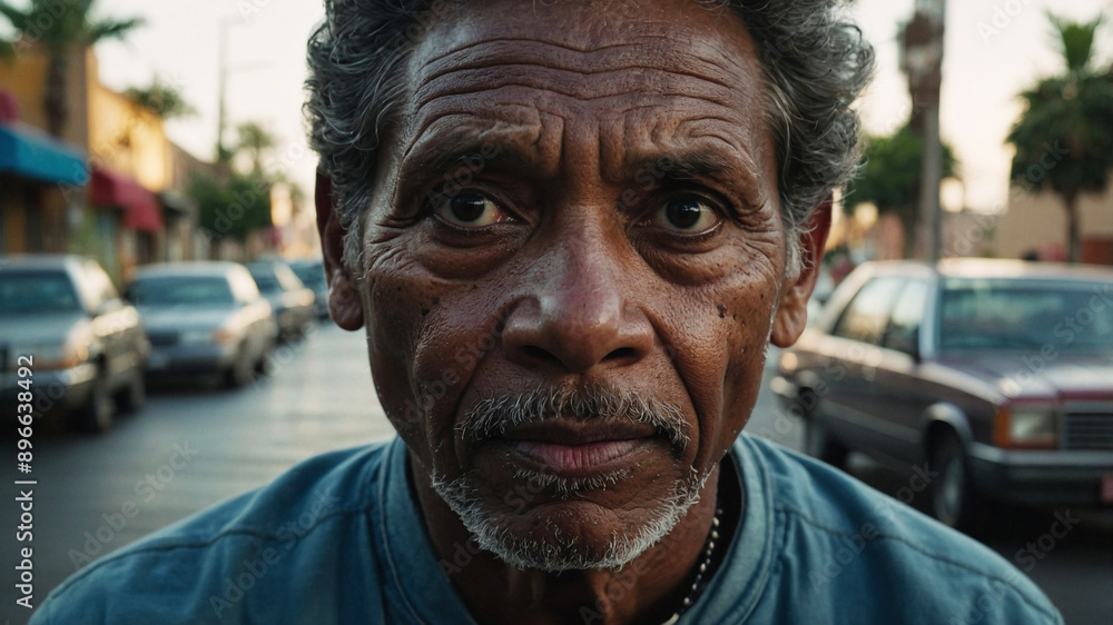 Elderly man with a weathered face standing in a city street Elderly man with a weathered face standing in a city street