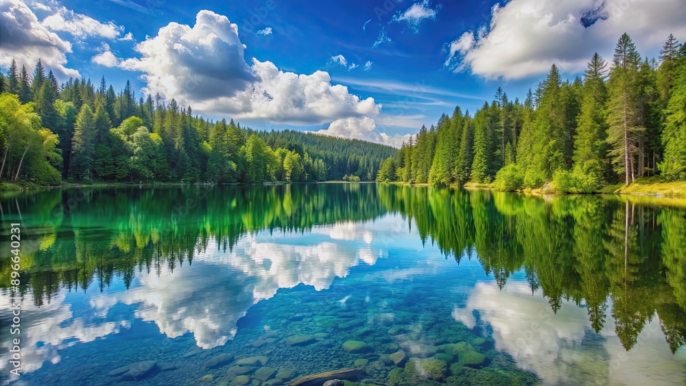 Crystal-clear lake reflecting summer sky and green forest , nature, serene, peaceful, tranquil, beauty, reflection, scenic, landscape Crystal-clear lake reflecting summer sky and green forest , nature, serene, peaceful, tranquil, beauty, reflection, scenic, landscape