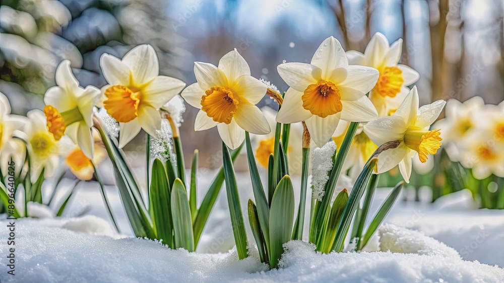 Naklejka premium Close-up of blooming snow-covered daffodils in the garden, winter, flowers, nature, cold, white, blossoms, spring, seasonal, frost