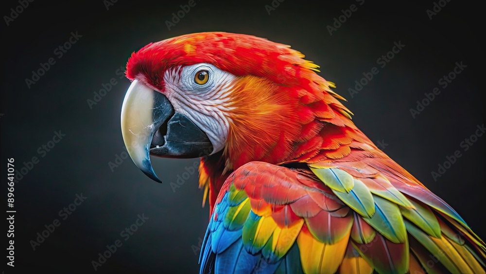 Naklejka premium Close-up of a vibrant tropical macaw in nature, featuring its beautiful feathers against a black background, macaw