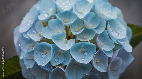 Close up of a light blue hydrangea flower adorned with water droplets.