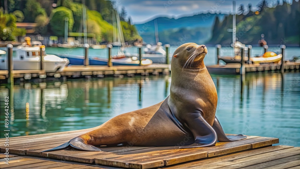 Fototapeta premium Sea Lion lounging on wooden dock in peaceful harbor , sea lion, animal, wildlife, dock, harbor, marine, mammal, relaxation, water