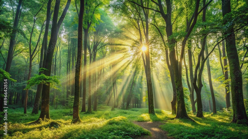 Fototapeta premium A serene natural background of a lush forest with sunlight filtering through the trees, nature, trees, forest, green