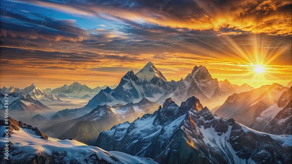 Fototapeta premium Sunrise over majestic mountain peaks , Sunrise, mountains, landscape, nature, dawn, morning, sunlight, snow-capped