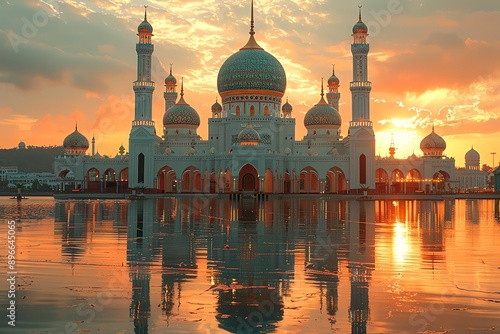 Beautiful mosque in Ramadan Kareem or Eid Al Fitr vibes. Islamic mosque architecture building