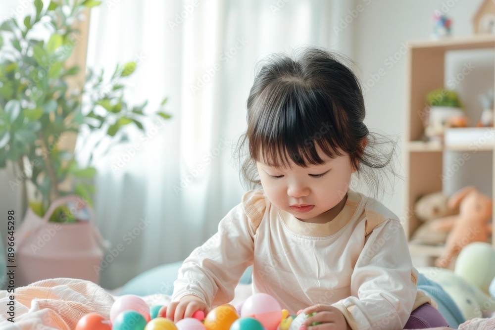 Asian child playing with a toy while resting, Virus in children, Comfort during illness Asian child playing with a toy while resting, Virus in children, Comfort during illness