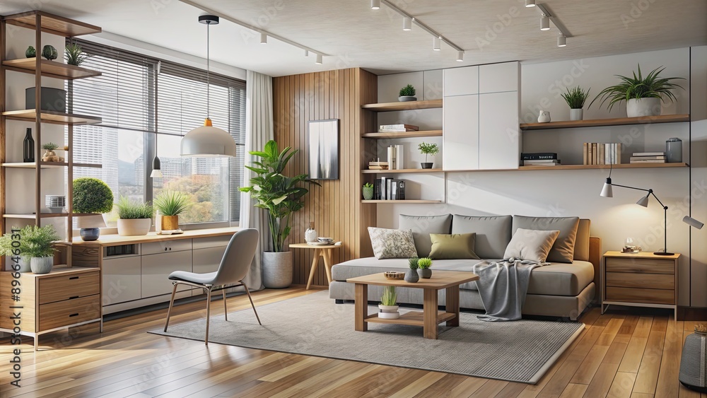 A studio apartment with versatile, space-saving furniture for efficient living, studio, apartment, adaptable