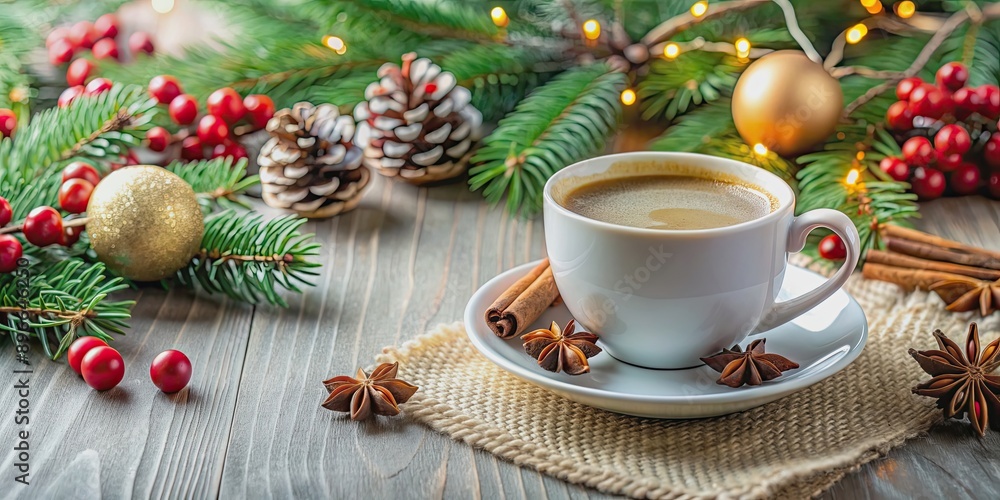 Cup of coffee adorned with festive Christmas decorations, coffee, cup, mug, festive, Christmas, decorations, ornaments Cup of coffee adorned with festive Christmas decorations, coffee, cup, mug, festive, Christmas, decorations, ornaments