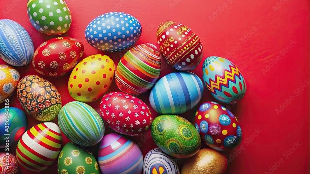 Fototapeta premium Colorful easter eggs isolated on red background for festive celebration, Easter, eggs, colorful, red