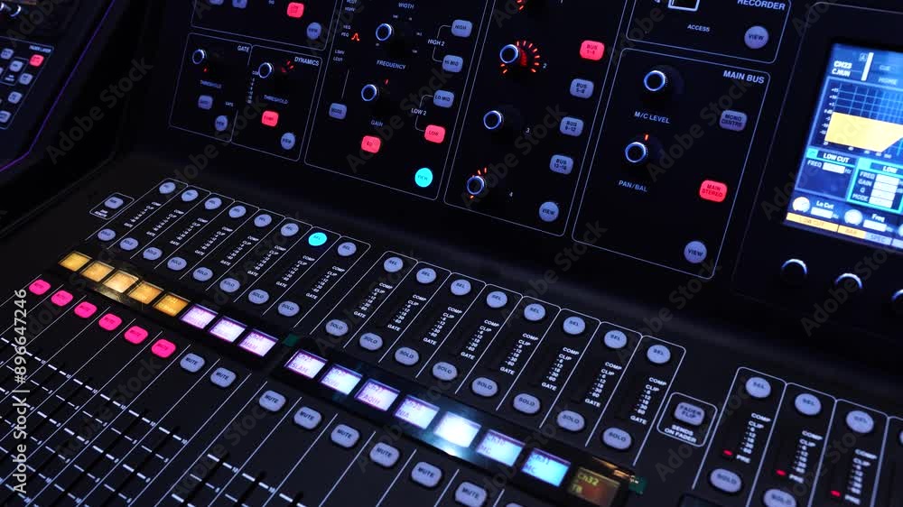 Black audio mixer with mute button and slider knob. Focus selected