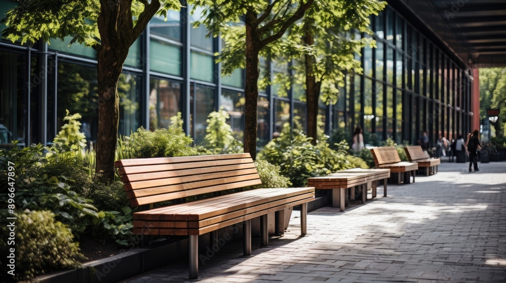 Obraz premium A green space in an urban area with benches and native plants 