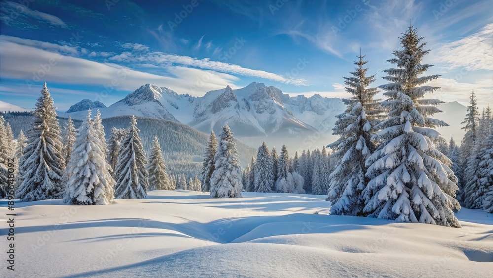 Fototapeta premium Winter landscape with snow covered trees and mountains in background, snow, winter, landscape, trees, mountains, cold, white