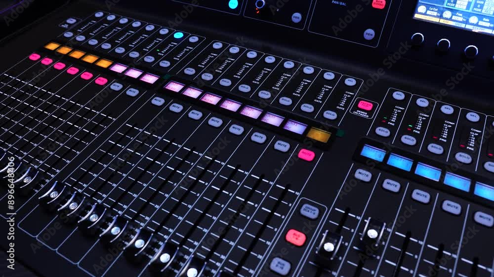 Black audio mixer with mute button and slider knob. Focus selected Black audio mixer with mute button and slider knob. Focus selected