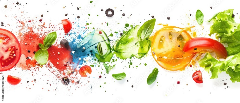 Fresh colorful vegetables and herbs in motion with artistic splashes on a white background, showcasing healthy ingredients and culinary creativity.
