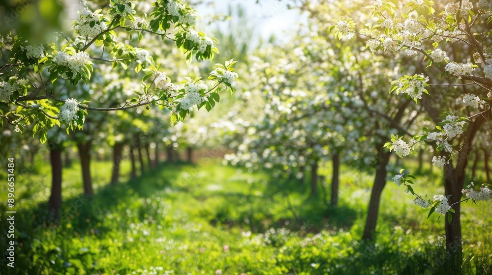 Blossoming trees with white flowers and green leaves in a vibrant orchard on a sunny day