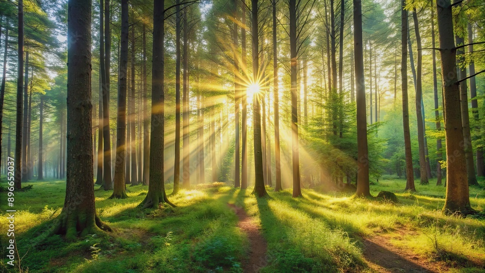 Fototapeta premium A peaceful forest scene with sunlight passing through the trees, nature, forest, morning, sunrise, sunbeams, trees, foliage