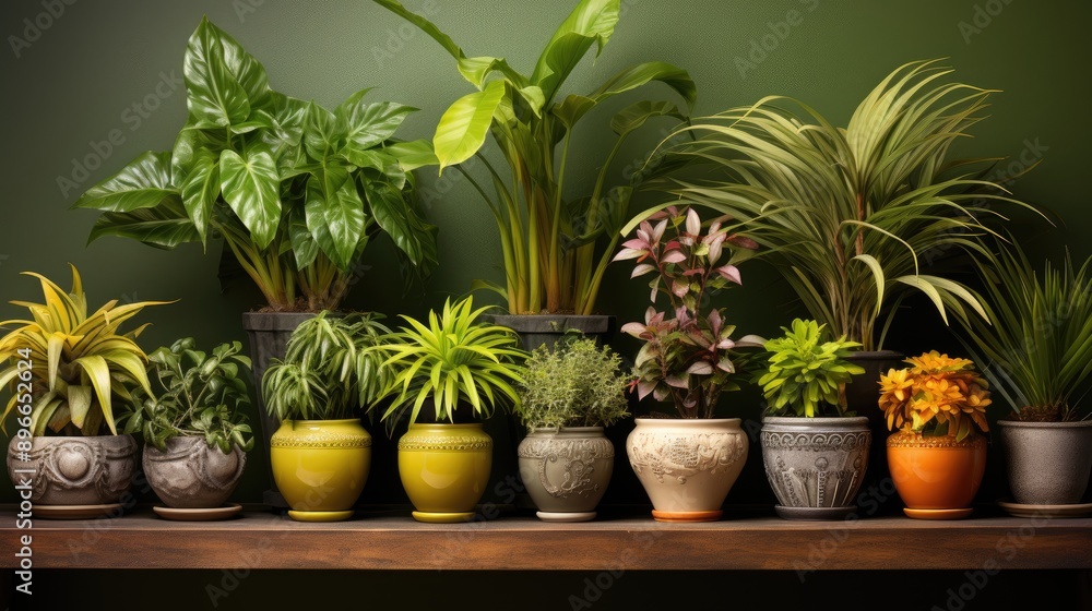 a row of potted plants on a wooden shelf. a row of potted plants on a wooden shelf.