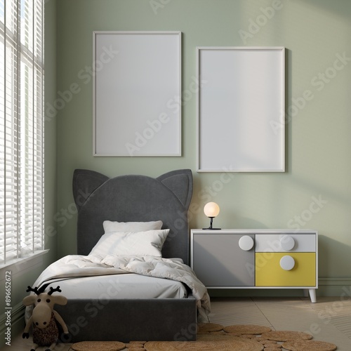 Mock up poster in children bedroom interior background, scandinavian style, 3D render