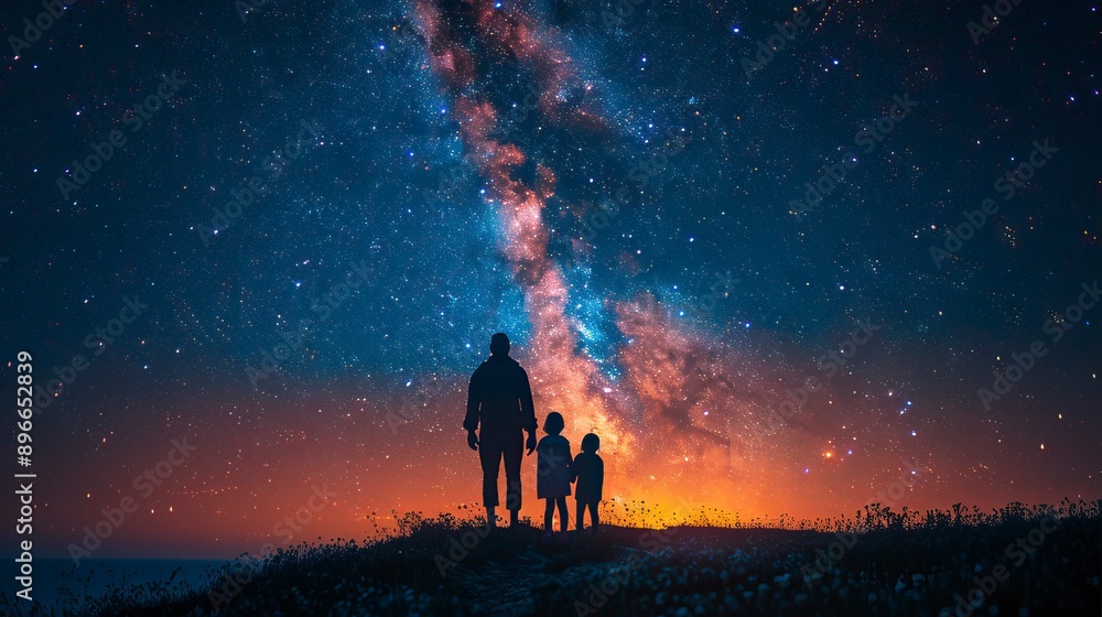 Fototapeta premium Family standing on the edge of a cliff, looking at the starry sky