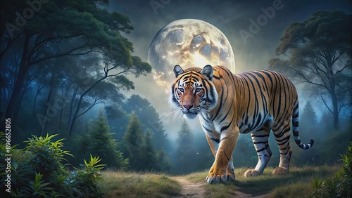 A stunning image of a tiger roaming the forest under the light of a full moon, tiger, forest, full moon, mammal