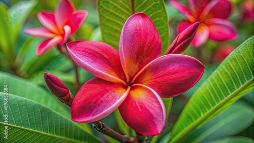 Closeup of vibrant red Frangipani Plumeria Rubra flower , tropical, exotic, petals, bloom, nature, close-up, vibrant