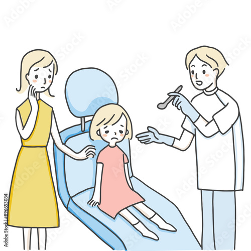 歯医者の診療台で怖がる子どもとお母さん・説明する先生