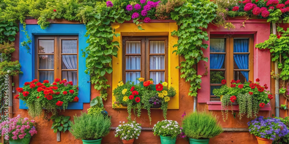 Fototapeta premium Vibrant house windows in assorted bright colors with lush greenery and flowers , house, windows, colorful, bright