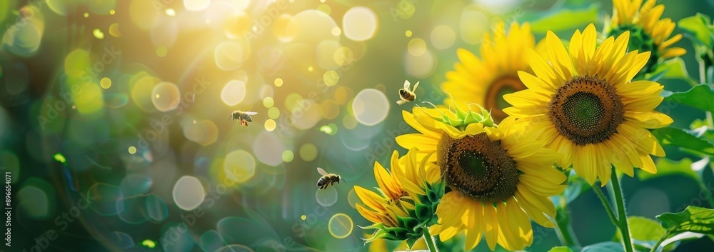 Fototapeta premium yellow sunflowers on the right side of an out-of-focus background, with some bees flying around them Generative AI